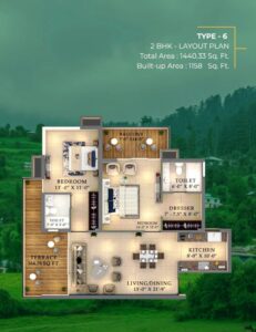 A stunning view of OUREA Valley in Kasauli, offering luxurious 2 and 3 BHK apartments starting from Rs. 10,327,500. Fastlane Realtors, the preferred channel partners, are responsible for selling the project